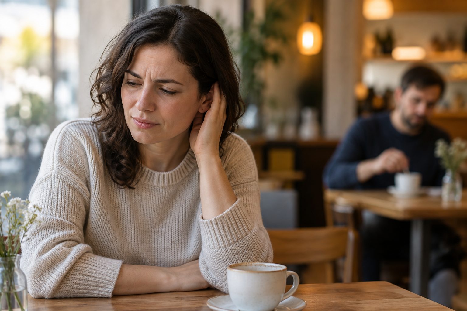 Mujer tomando una pausa ante el malestar que le producen sonidos de una cafetería